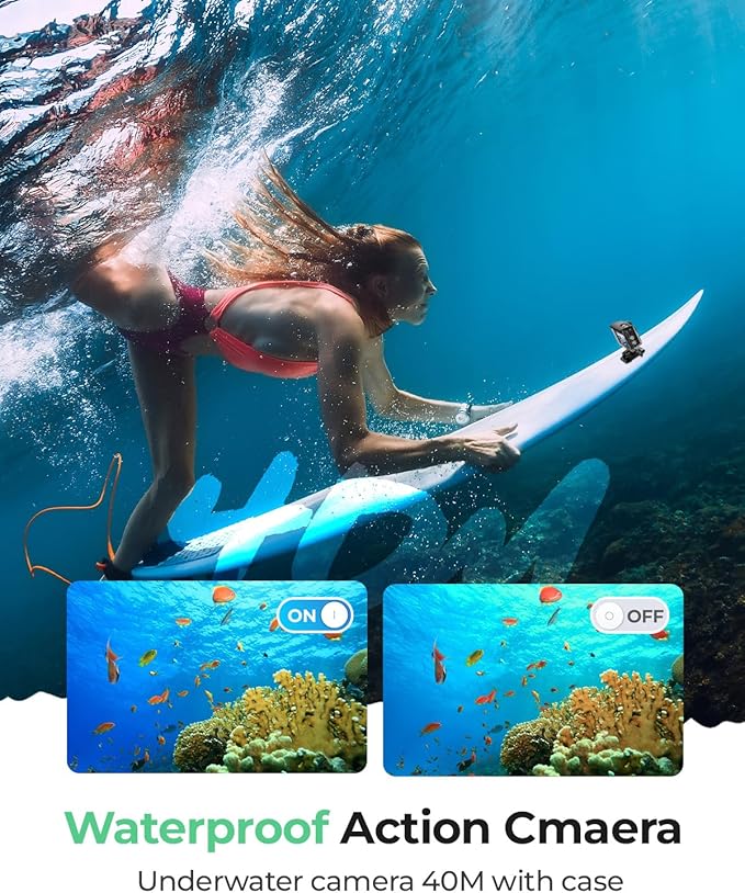 4K60FPS Action Camara Waterproof with 64G Crad- 40M Underwater Camera 170°Angle 48MP Sports Camera with 2.4G Remote Control 2 Batteries Helmet Mount Accessories Kits