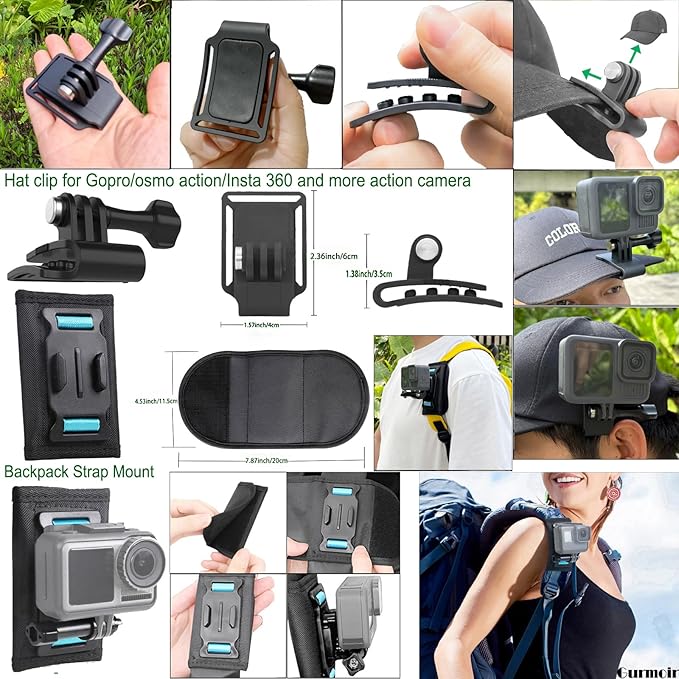 Gurmoir Accessory Kit for DJI Osmo Action 6/5 pro/4/Insta 360 X5 X4 /Go Pro Hero13 12/Gopro Max 2, Bike Mount/Hat Clip/Helmet Strap/Backpack Mount kit for Gopro/Osmo Action/Insta 360(DT18)