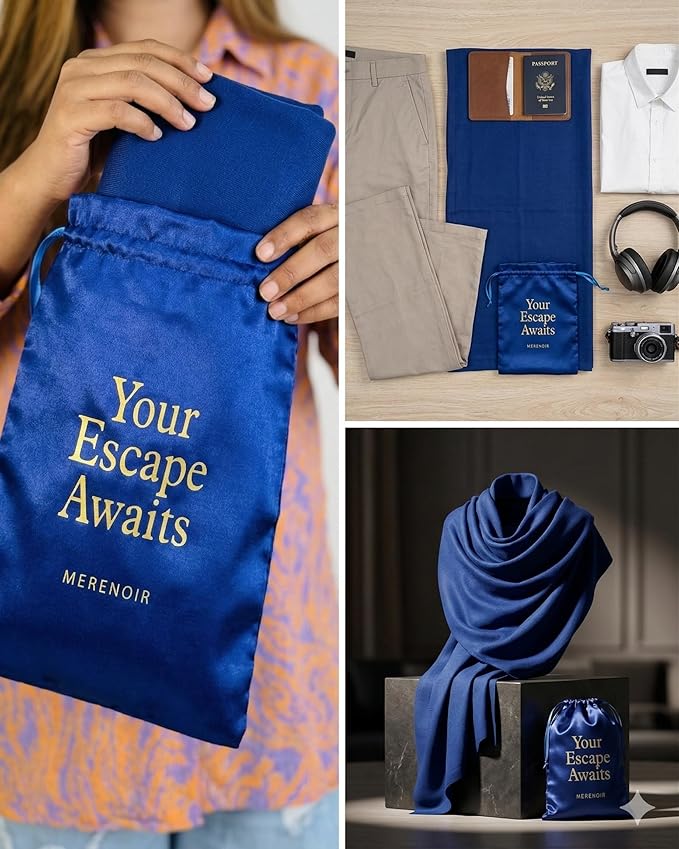 Wayfarer Shawl with Pouch | Voyagers Comfort Set with Luxury Travel Scarf, Eye Mask, Satin Scrunchies & Travel Pouch
