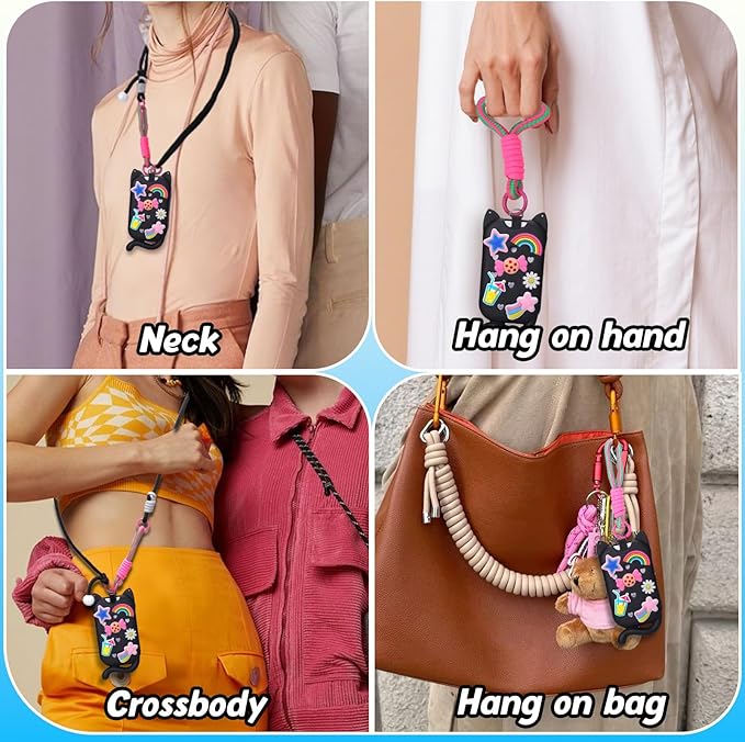 Juome Hand Sanitizer Spray Case for Touchland with Adjustable Keychain Lanyard & Charms, Cat Silicone Protective Holder for Touch Land Mist Case 1FL. OZ, Travel Cover Sleeve Accessory - Black