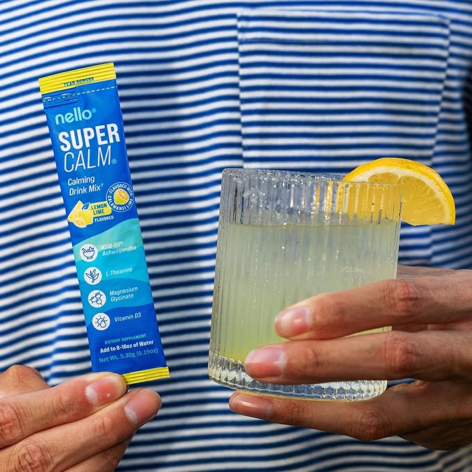 Nello Supercalm Powdered Drink Mix, Cortisol Reducer* and Sleep Aid Supplement, L Theanine, Ksm-66 Ashwagandha, Magnesium Glycinate, Vitamin D 3, No Sugar, Non GMO, On The Go, 20 Ct, Lemon Lime