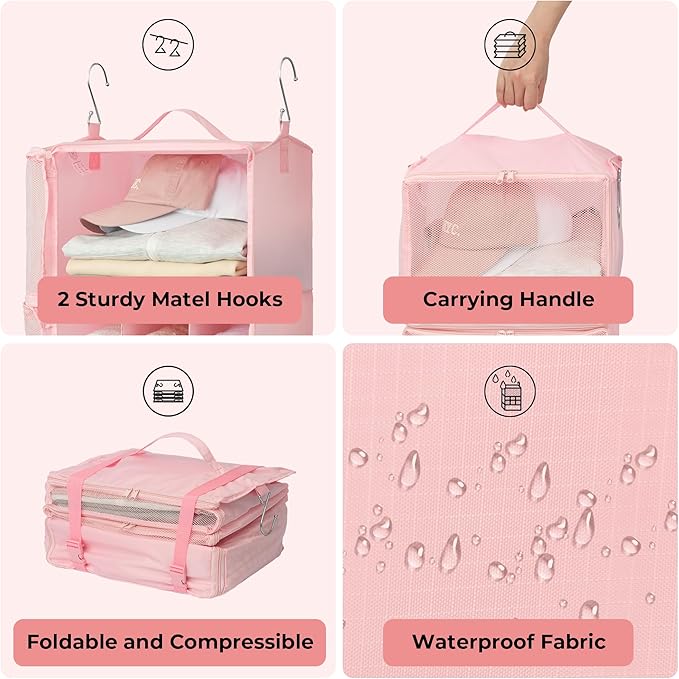 GRANNY SAYS Hanging Packing Cubes for Travel, Large Portable Hanging Suitcase Organizer, Foldable Compression Luggage Organizer Bags for Clothes, Carry on Closet Suitcase, XL-Pink Travel Shelves