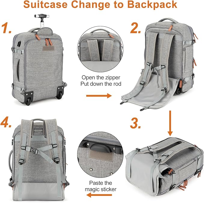 Lumesner Rolling Backpack for Men and Women, Extra Large 42L Travel Backpack with Wheels, 17.3 Inch Carry-On Laptop Bag with 4 packing cubes for Business and Work, Large Capacity Rolling Bag, Grey