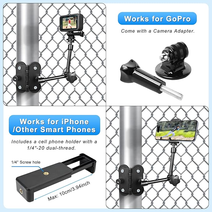 Magnetic Camera Fence Mount, Post Mount for Mevo Start/GoPro/Insta360/DJI OSMO Pocket 3/iPhone, Two 1/4'' Threaded Points Camera Magnet Holder for Game Changer Recording Baseball Softball Tennis Games