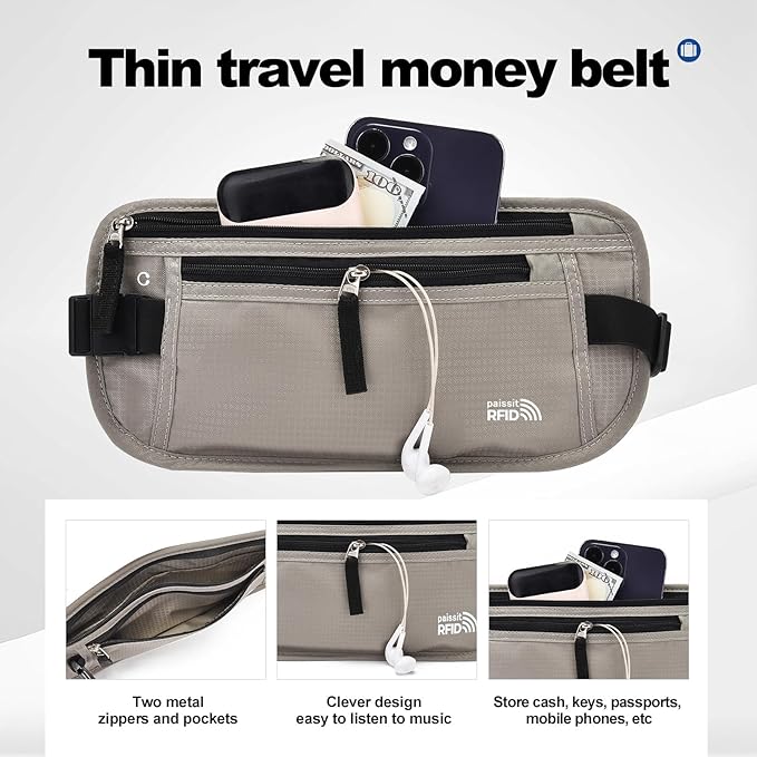 Unisex Money Belt For Men and Women, Slim Passport Holder RFID Blocking Travel Essentials Pouch with Adjustable Strap Small Waist Pouch for Workout Running Travelling Hiking, Light Grey