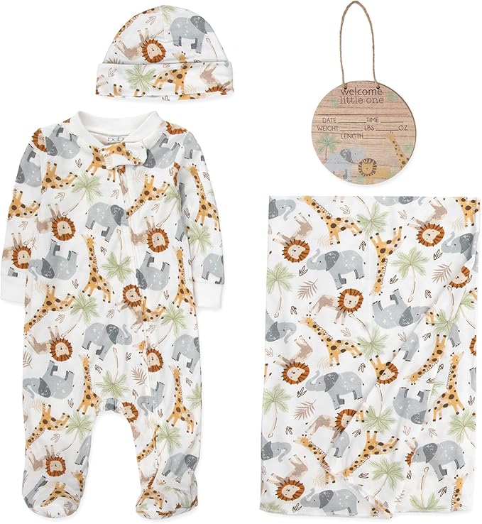 Newborn Baby 4 Piece Coming Home Outfit Gift Set – Footie Sleeper, Blanket, Headband & Ornament for Boys & Girls