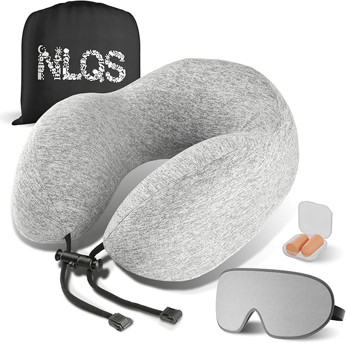 NLQS Airplane Travel Pillow,Natural Latex Neck Pillow,Make You Feel Comfortable Airplane Neck Pillow,Comfortable and Breathable,Support Head and Neck,Travel Essentials,Eye Mask and Ear Plugs Gray Set