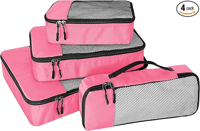 WTREE 4-Piece Packing Cubes Travel Accessories Set for Suitcases - Luggage Organizer Bags with Double Zipper - Mesh Top - Small/Medium/Large/Slim - Pink