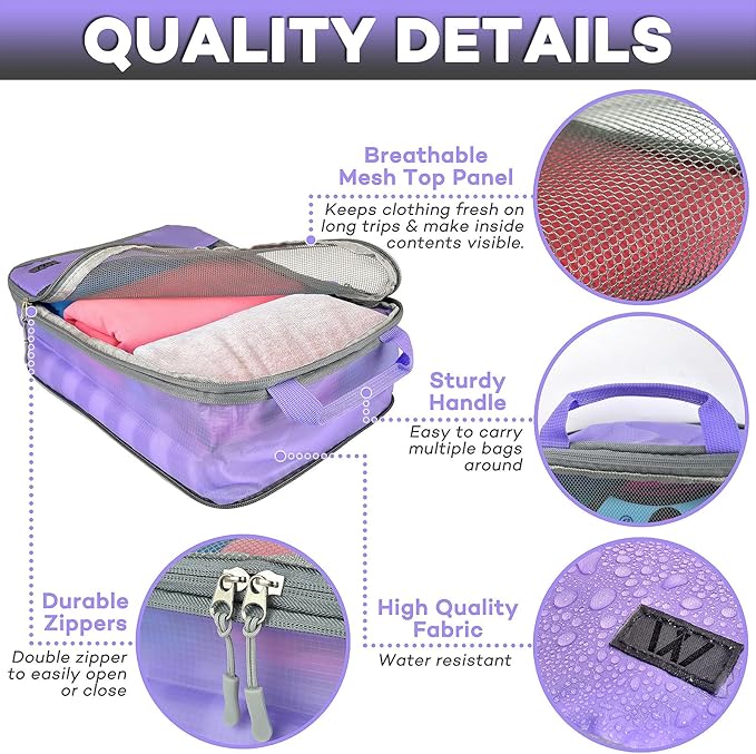 12 Pc Set Compression Packing Cubes - WONGLE His and Hers Family Travel Organizer Compressible Packing Cubes for Suitcases, Luggage Organizer Bags, Travel Accessories, Shoe Bag (Purple/Grey)
