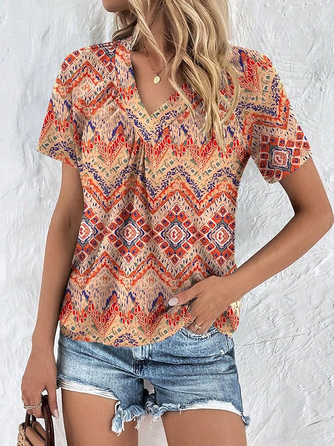 AUTOMET Womens Tops Short Sleeve V Neck T Shirts 2026 Summer Spring Beach Vacation Clothes Casual Loose Ruched Top