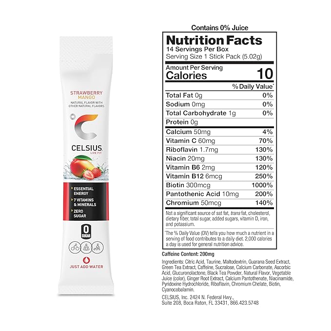 CELSIUS On The Go Strawberry Mango, Sugar Free Energy Drink Mix Sticks, 14 Count (Pack of 2)