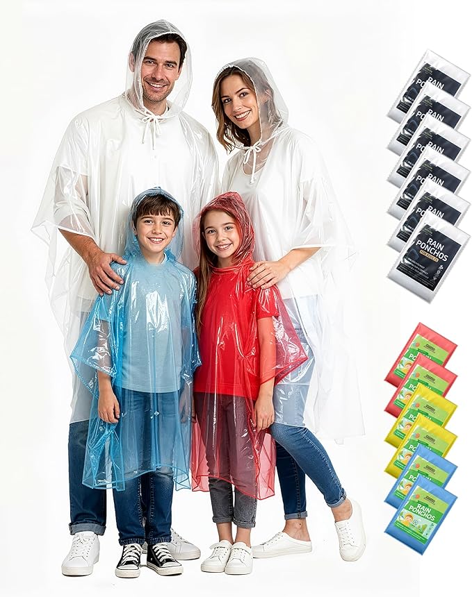 Hitituto Rain Ponchos Family Pack Kids– 6/12/24 Pack Disposable Poncho with Hood, Clear & Assorted Colors, Home Survival Kits