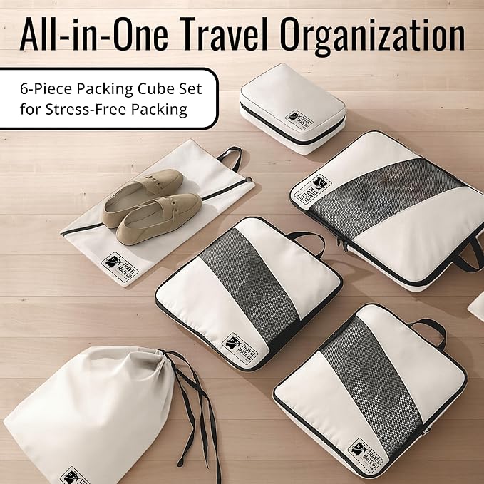 Compression Packing Cubes for Travel, 6-Piece Luggage Organizer Set, 3 Expandable Packing Cubes + Shoe Bag + Laundry Pouch + Toiletry Bag, Lightweight Travel Organizers for Carry On & Suitcase