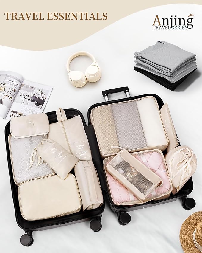 Packing Cubes for Suitcase 11PCS Luggage Packing Organizers Travel Essentials Luggage Organizer Hooked Toiletry Bag Cosmetic Bag and Shoes Bag, Beige