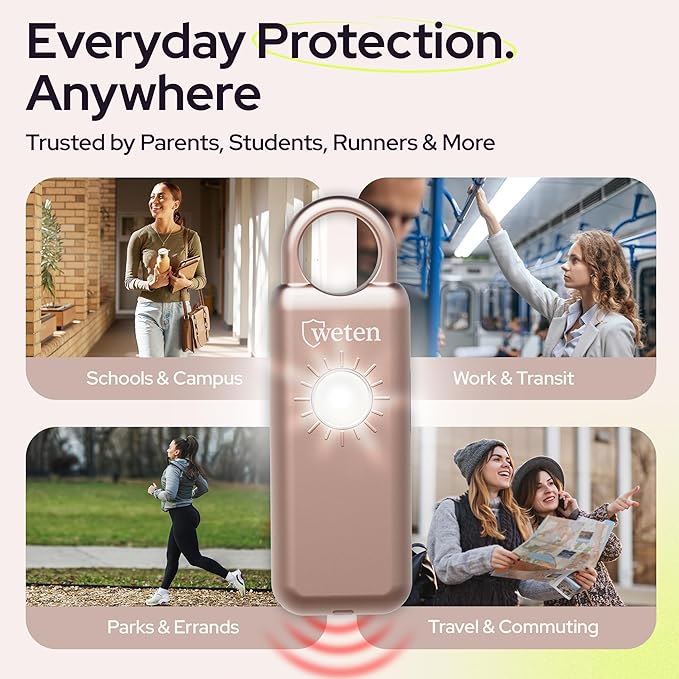 Weten Personal Safety Alarm Keychain – 130dB Siren with Bottom Speaker, LED Light, Wristlet & Carabiner Clip – Weatherproof Self Defense Alarm with Low Battery Alert (Metallic Rose)