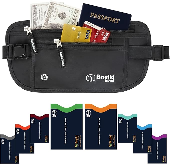 Boxiki Travel, Black Money Belt with RFID Sleeves Set - 8 Pcs Navy Blue | Secure Waist Bag and RFID Card Holder for Men and Women