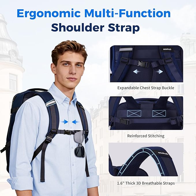 ECOHUB 17" Travel Backpack for Men United Airlines Personal Item Travel Bag TSA Friendly Business Computer Bag with USB Charging Port & Wet Compartment,Blue