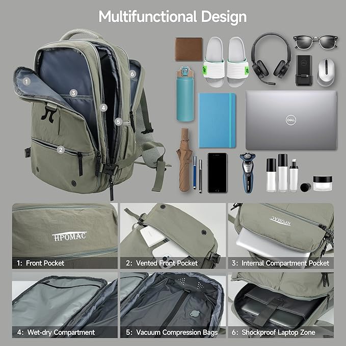 Vacuum Compression Backpack, Carry-On Size Travel Backpack with Vacuum System and Pump, Expands to 55L Packing Capacity, Fits 17” Laptop & 5–7 Days of Clothes, Water-Resistant Compression Backpack