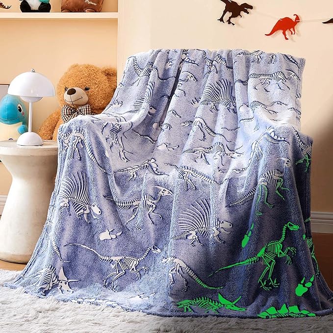 Wajade Dino Gifts Toys for Boys Girls - Glow in The Dark Dinosaur Blanket Birthday Christmas Decor for Kids Age 3 4 5 6 7 8 9 10 11 12 Years Old Teens Child Toddler Throw Blue 50"x60"