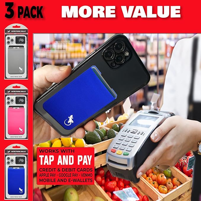Phone Wallet - Adhesive Card Holder - Cell Phone Pouch - Stick on Lycra Pocket by Gecko - Carry Credit Cards and Cash