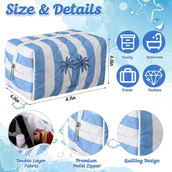 Hillban Ocean Quilted Cosmetic Bag Ocean Themed Gift Starfish Coral Seashell Essential Makeup Bag for Women Summer Travel Vacation Survival Kit Mother's Day Bulk Gift 8.7 x 4.3 x 4.3 in(Coconut Trees)