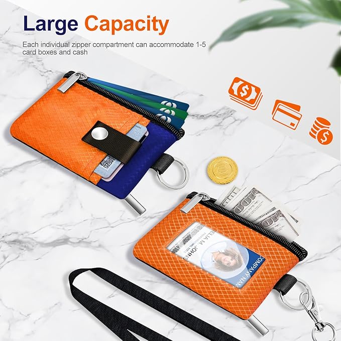 Minimalist RFID Blocking Small Wallet with ID Window,WaterResistant Zip Id Case Wallet with Lanyard Keychain for Cards,Cash,Travel,Women,Men (Orange/Sapphire Blue)
