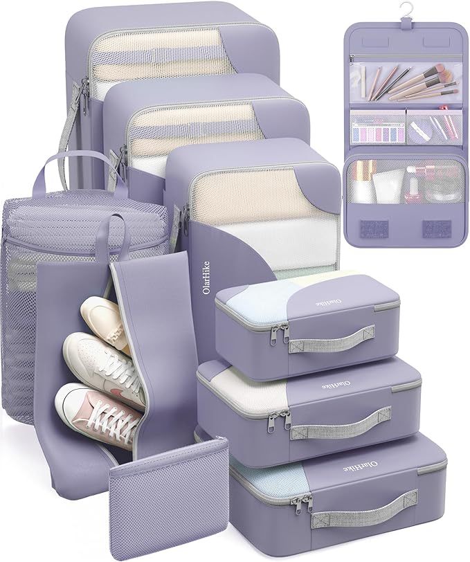 OlarHike ALL INCLUDED 10 Set Durable Packing Cubes for Travel,Gifts for Women Mom,Luggage & Suitcase Organizers with Toiletry Bag,Vacation Essentials for Cruise & Plane,Beach Accessories,Purple Gray
