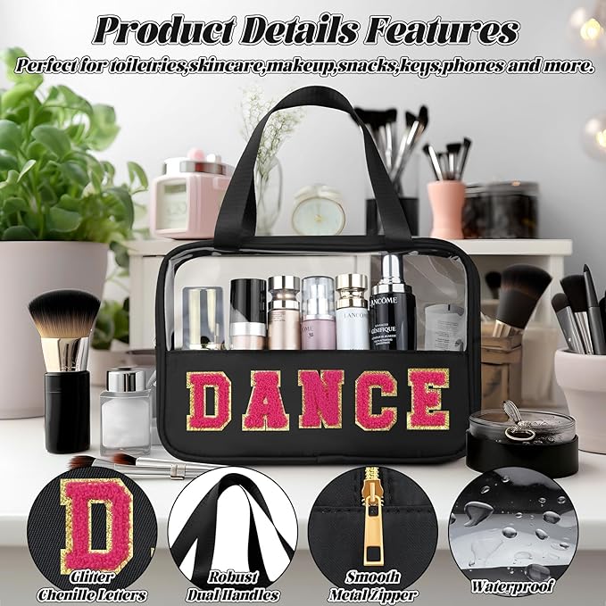 BuyCard Chenille Letter Patch Clear Travel Bags, Preppy PVC&Nylon Makeup Bag with Handle and Zipper, Waterproof Large Clear Travel Toiletry Bag Storage Bag for Women Girls