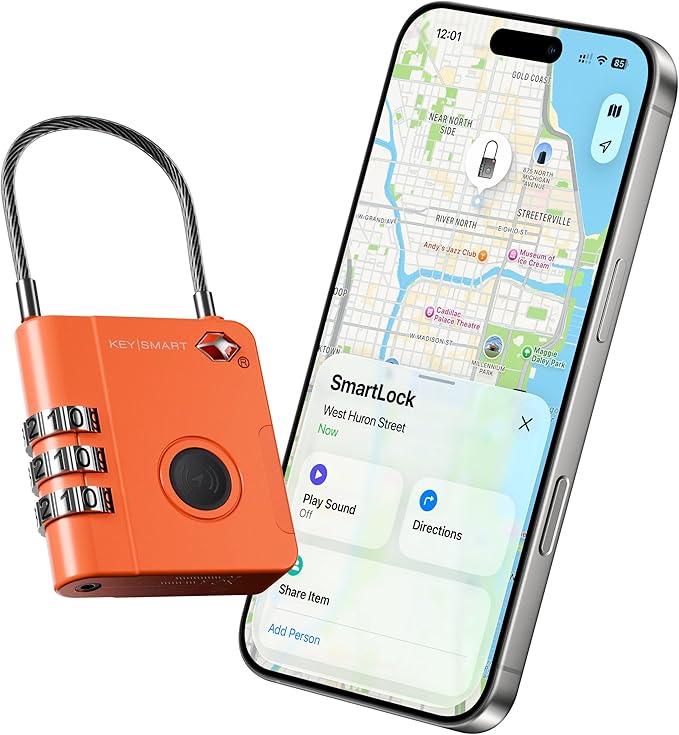 KeySmart SmartLock Tracking Luggage Locks, TSA Locks for Luggage, Combination Lock Compatible with Apple Find My App, Best Travel Essentials, Replaceable Non-Rechargeable Battery (Orange 1 Pack)