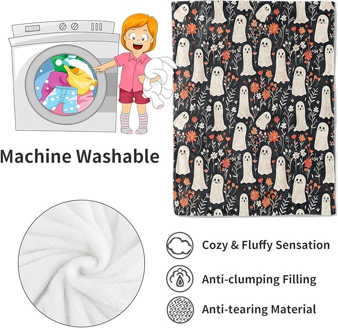 Spooky Ghost Blanket Cute Floral Autumn Flowers Throw Blankets Gifts for Kids Lightweight Soft Fleece Cozy for Sofa Couch Bed Room Travel Birthday Halloween Decor 50x60in