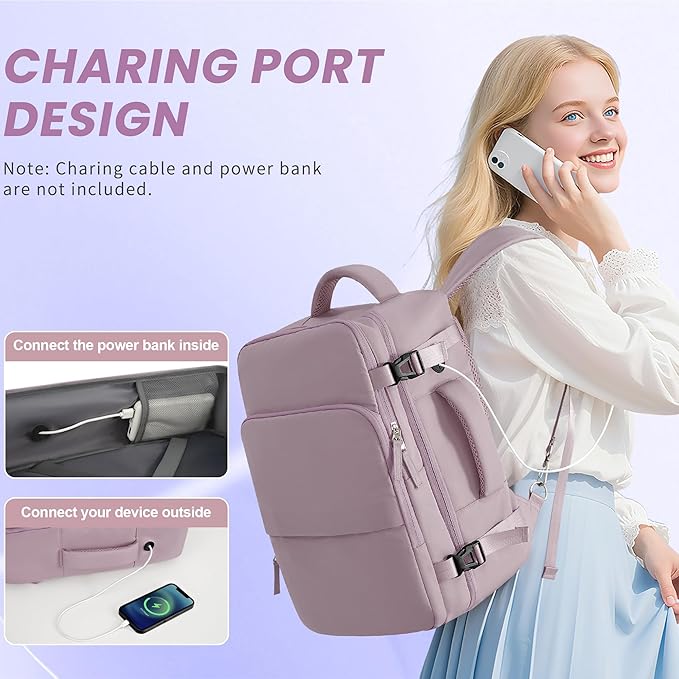 Sinaliy Travel Backpack, Carry on Flight Approved Backpack with Multi-Pockets, TSA Waterproof 17.3inch Laptop Backpack, Personal Item Travel Bag for Men Women, Light Purple