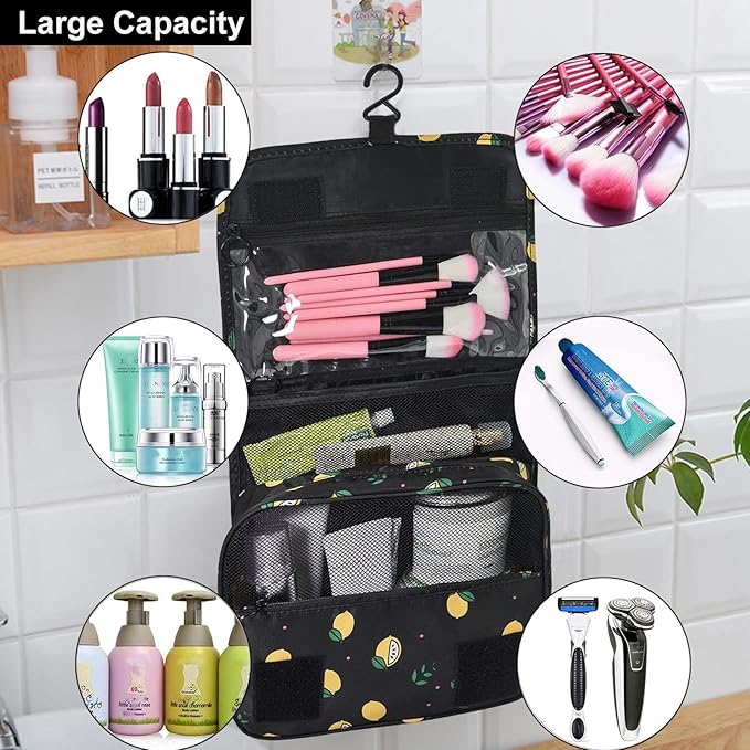 Travel Toiletry Bag for Women, Hanging Toiletry Bag with Multi-Pockets, Toiletry Bag for Traveling Easy Clean, Travel Organizer Bag Black-Lemon