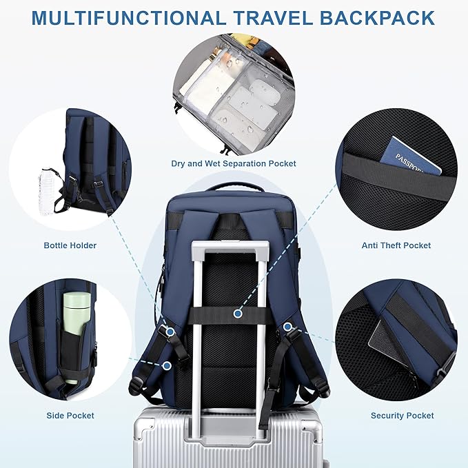 BAGOK Carry On Travel Backpack, 35L-40L Expandable Extra Large Airline Approved,Lightweight Daypack for Men and Women（Blue）