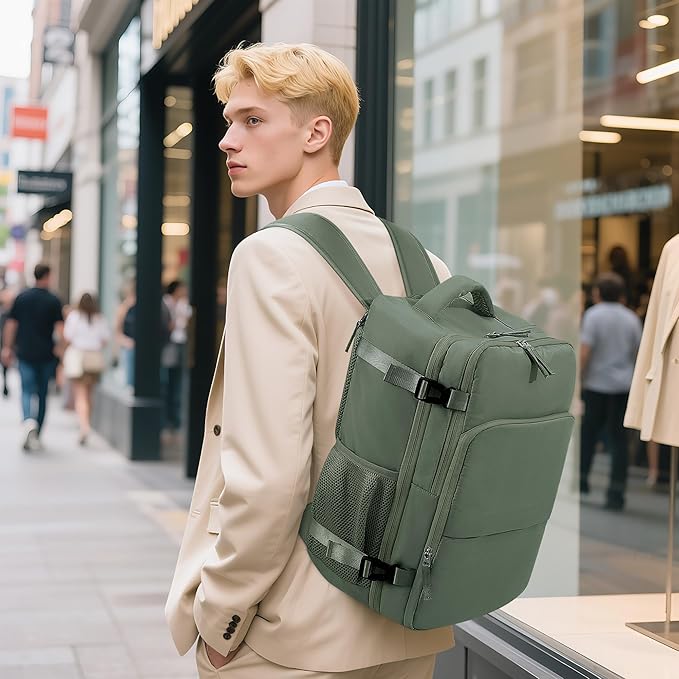 Sinaliy Travel Backpack, Carry on Flight Approved Backpack with Multi-Pockets, TSA Waterproof 17.3inch Laptop Backpack, Personal Item Travel Bag for Men Women, Army Green
