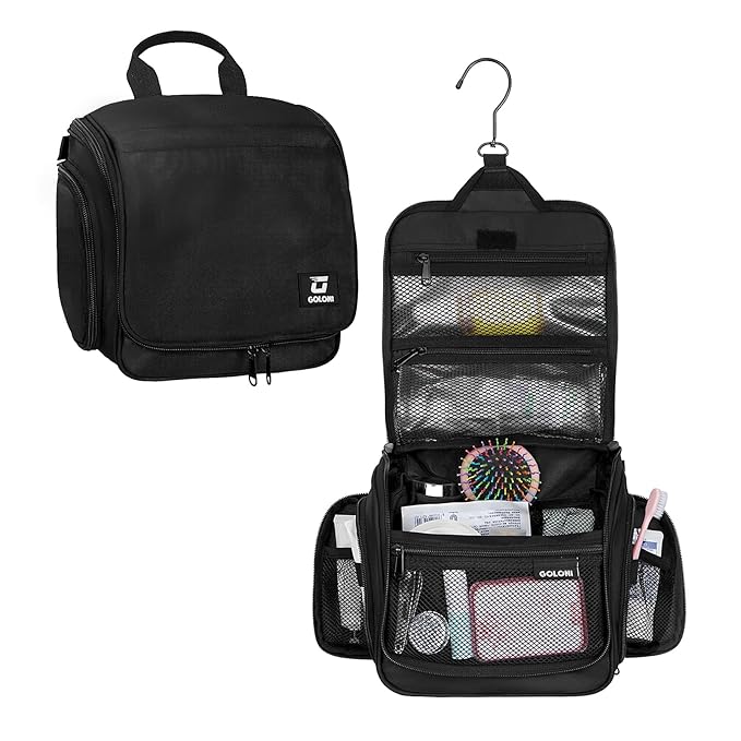 Goloni Hanging Toiletry Bag, 10 Compartments Water-Resistant Makeup Bag with 360° Spinning Metal Hook, Large Travel Cosmetic Organizer for Men & Women, Black (7.05oz)