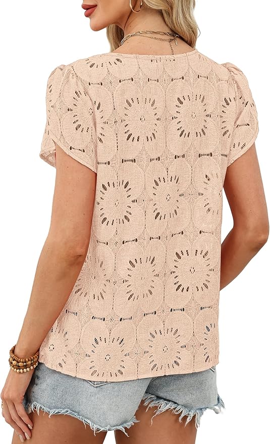 OFEEFAN Blouses for Women Dressy Casual Petal Short Sleeve Shirts Crochet Lace Boho Tops Spring Fashion Summer Outfits