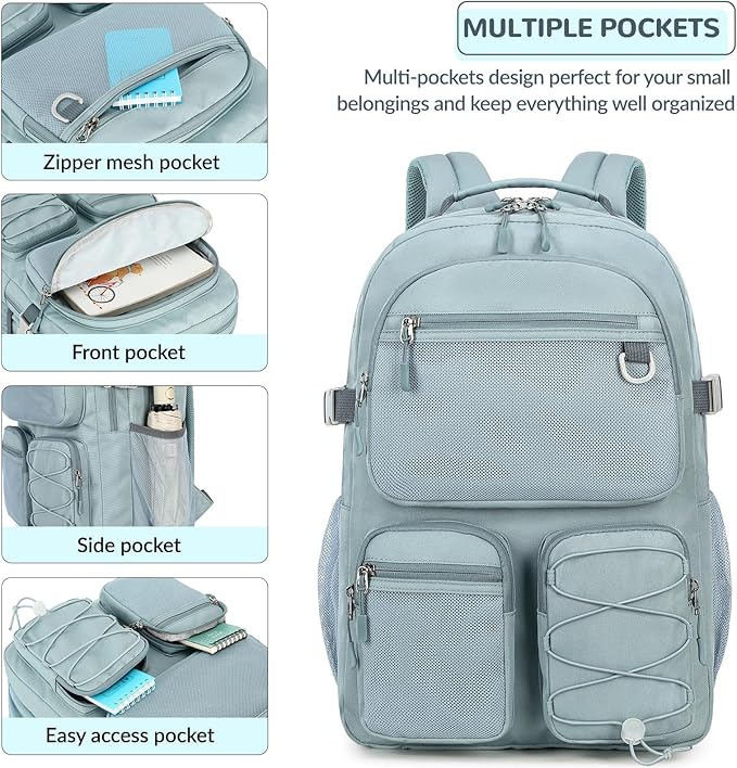 Lohol Multi-Pocket Backpack for School College Travel, Heavy Duty Big Bookbag with 15.6 inch Laptop Compartment (Green Graffiti