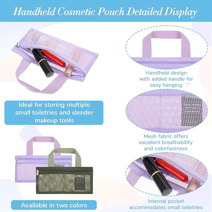 InnoHHustle 2 PCS Toothbrush Pouch, Mini Travel Toiletry Bags Portable Mesh Zipper Makeup Bag Travel Toothbrush Bag Square Mesh Storage Bags with Zipper for Men and Women (Green, Purple)