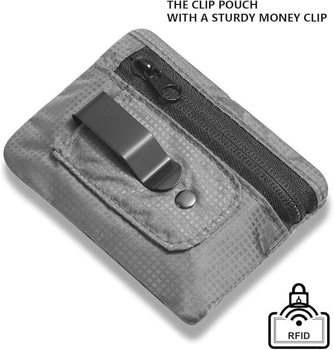 KOSMCCO RFID Blocking Clip Stash Pocket, Compact Hidden Travel Belt Wallet for Cards & Cash - Slim Pickpocket-Proof Design for Everyday Carry, Grey
