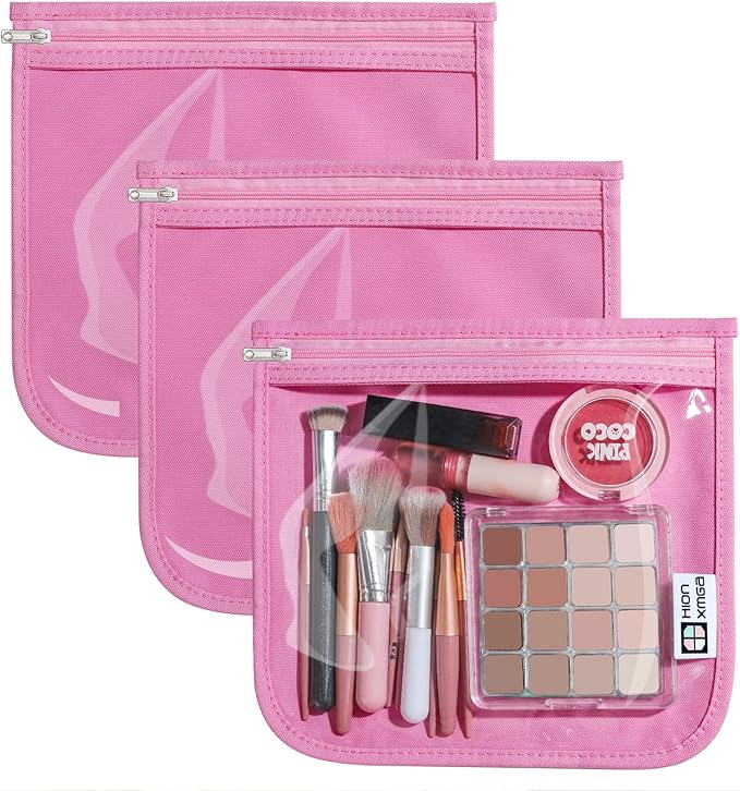 HIONXMGA TSA Approved Toiletry Bag, Set of 3 Clear Travel Toiletry Bag Quart Size Zipper Travel Pouch, Waterproof Makeup Cosmetic Bag for Women Men Kids Toiletries Carry on, Pink Large