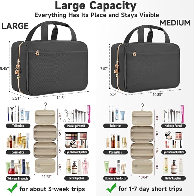 Travel Toiletry Bags, Portable Travel Bag with Hanging Hook for Women, Waterproof and Hanging Makeup Bag Travel Organizer Accessories for Travel Essentials (Black, Large)