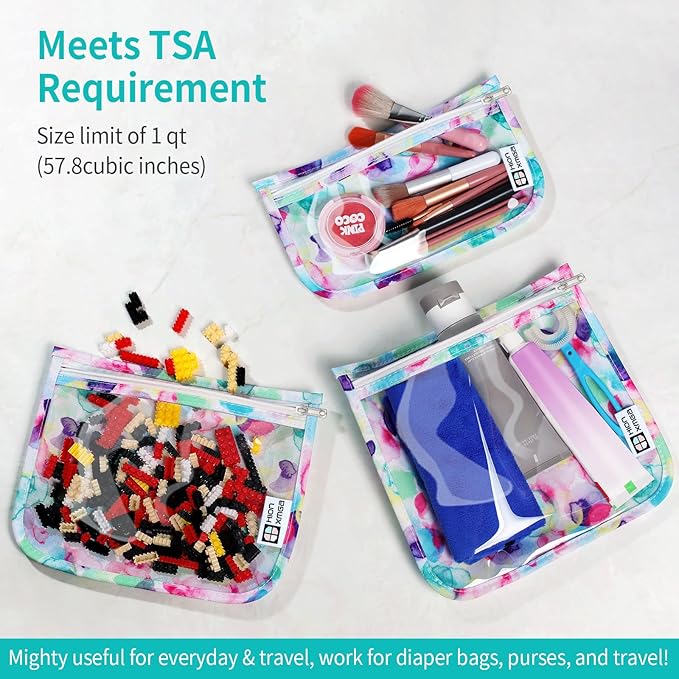 HIONXMGA TSA Approved Toiletry Bag, Set of 3 Clear Travel Toiletry Bag Quart Size Zipper Travel Pouch, Waterproof Makeup Cosmetic Bag for Women Men Kids Toiletries Carry on, Watercolor