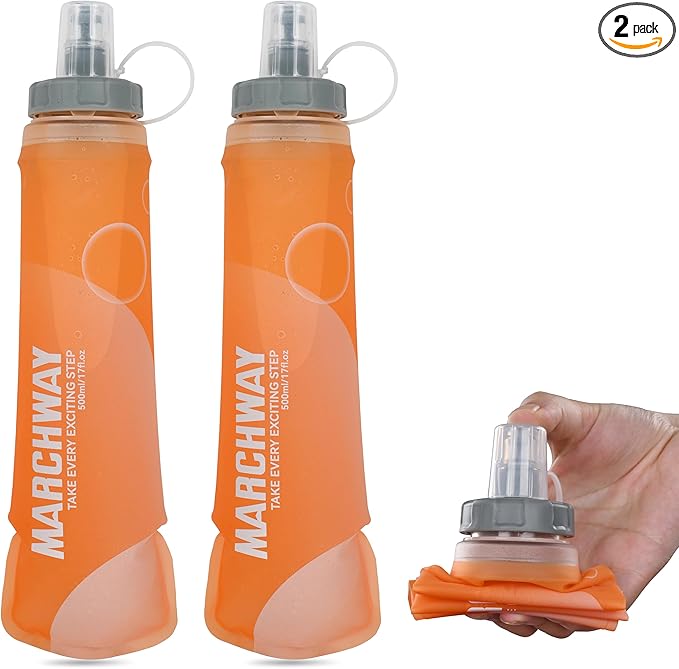 MARCHWAY Soft Hydration Flask with Wide Mouth, 300ml/500ml Collapsible TPU Water Bottle, Leakproof Portable Flexible for Running, Hiking, Cycling, Climbing, Gym, Travel (2pcs Orange 300ml)