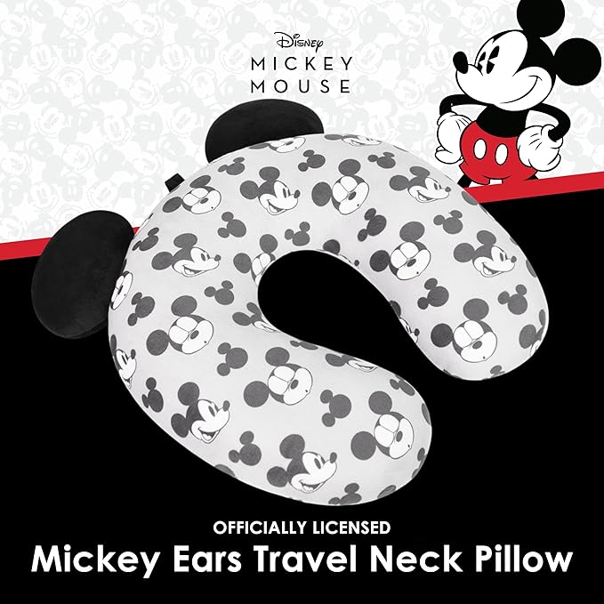 FUL Disney Mickey Mouse Travel Neck Pillow for Airplane, Car and Office Comfortable and Breathable, Grey