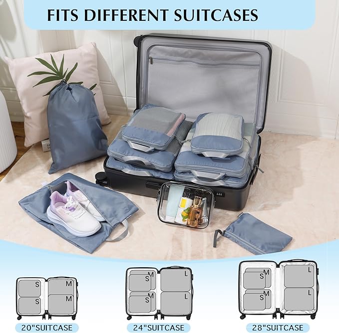 PFEYRPK Lightweight Compression Packing Cubes for Suitcases, Compressible Expandable Travel Packing Organizer with Clear Toiletries and Backpack Bag, Travel Essentials for Carry on Luggage 7 Set