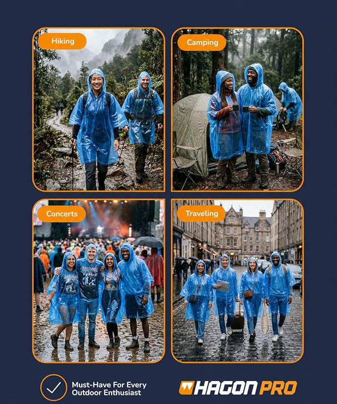 Hagon PRO Disposable Rain Ponchos for Adults (5 Pack)