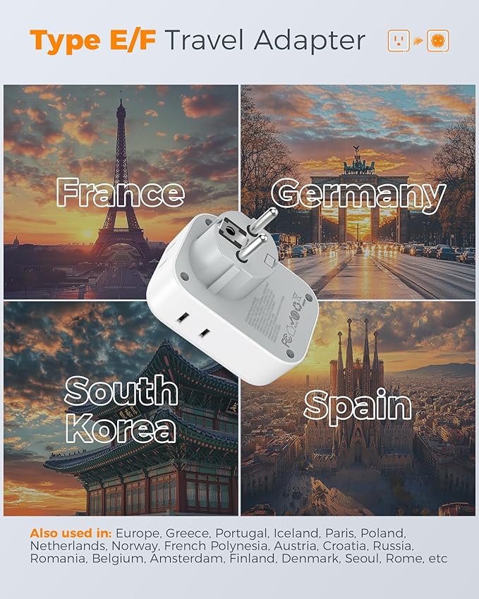 TESSAN Type E F Plug Adapter, Germany France Power Adapter with 3 USB Ports (1 USB C 20W), 4 AC Outlets Travel Adaptor for US to Europe EU Spain Iceland Korea Portugal Greece Russia German French