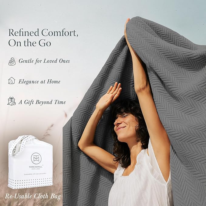Threadmill Luxury Cotton Blankets for Queen Size Bed | All-Season 100% Cotton Queen Size Blanket | Herringbone Cozy, Soft Breathable Fall Thermal Blanket fits Full Size Bed | Dark Grey