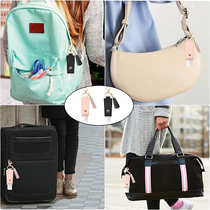 2PCS Hand Sanitizer Travel Size Keychain, Portable Hand Sanitizer Keychain with Plastic Empty Squeeze Bottle for Toiletry Shampoo Lotion Soap (Black+Pink)