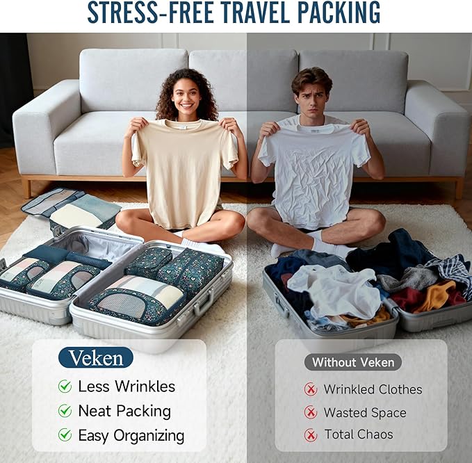Veken 10 Set Packing Cubes for Travel Essentials, Suitcase Organizer Bags in 4 Sizes, Carry-On Luggage Accessories with Large Laundry Bag & Passport Holder, Must-Have for Airplane, Road Trip & Camping
